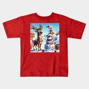 Rudolph, an Elf and a Snowman at the North Pole Kids T-Shirt